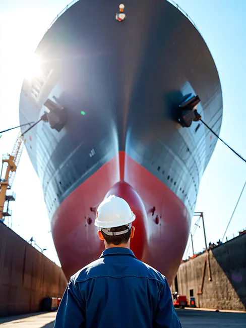 Maritime consultant in hard hat inspecting large cargo ship hull in dry dock — Malayan Marine Malaysia mission: professional maritime consultancy, inspections, investigations, marine surveyors, ship inspection services, maritime safety, vessel investigations. Skilled maritime professional wearing a hard hat standing in dry dock facing the bulbous bow of a large cargo ship undergoing inspection — Malayan Marine Malaysia mission statement: delivering professional maritime consultancy, vessel inspections, marine investigations, marine surveyors, ship safety audits, accident investigation services, and technical advisory for shipping and offshore industries.