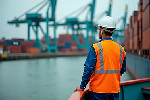 Marine Warranty Survey Malaysia: surveyor in hard hat and life vest standing on a moored barge inspecting mooring lines and deck fittings at an industrial port. Marine Warranty Survey Malaysia: port-side scene showing a safety-conscious warranty surveyor walking the deck of a barge, documenting and assessing bollard integrity, rope terminations and hatch covers under overcast light with terminal equipment and concrete quay visible beyond.